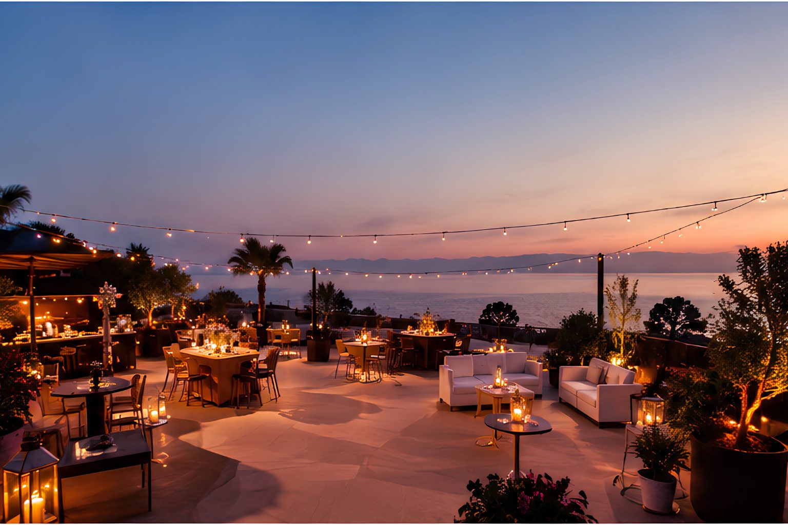 Terrasse au coucher du soleil aménagée pour une réception