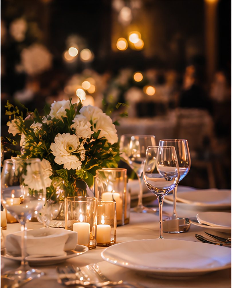 Table dressée avec bougies et fleurs blanches pour un mariage